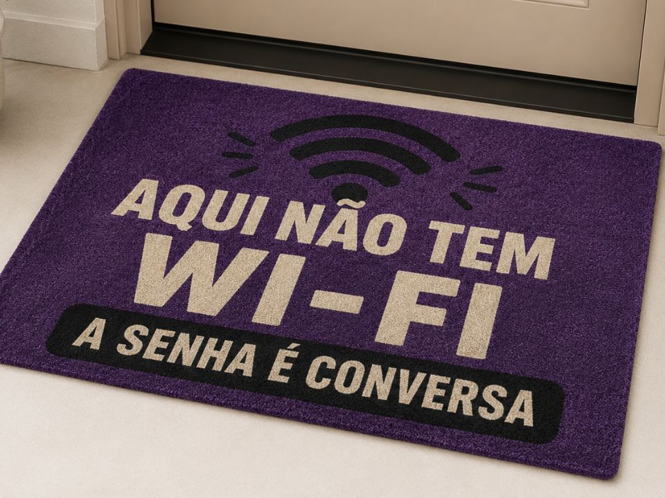 Capacho roxo personalizado com a frase Aqui não tem Wi-Fi, a senha é conversa, com ícone de sinal de wi-fi em preto, na entrada de uma casa com porta em tons neutros, fotografia realista de tapete divertido e criativo